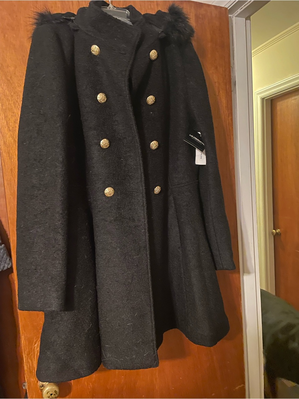 Women’s Black Double-Breasted Wool Coat with Faux Fur Trim